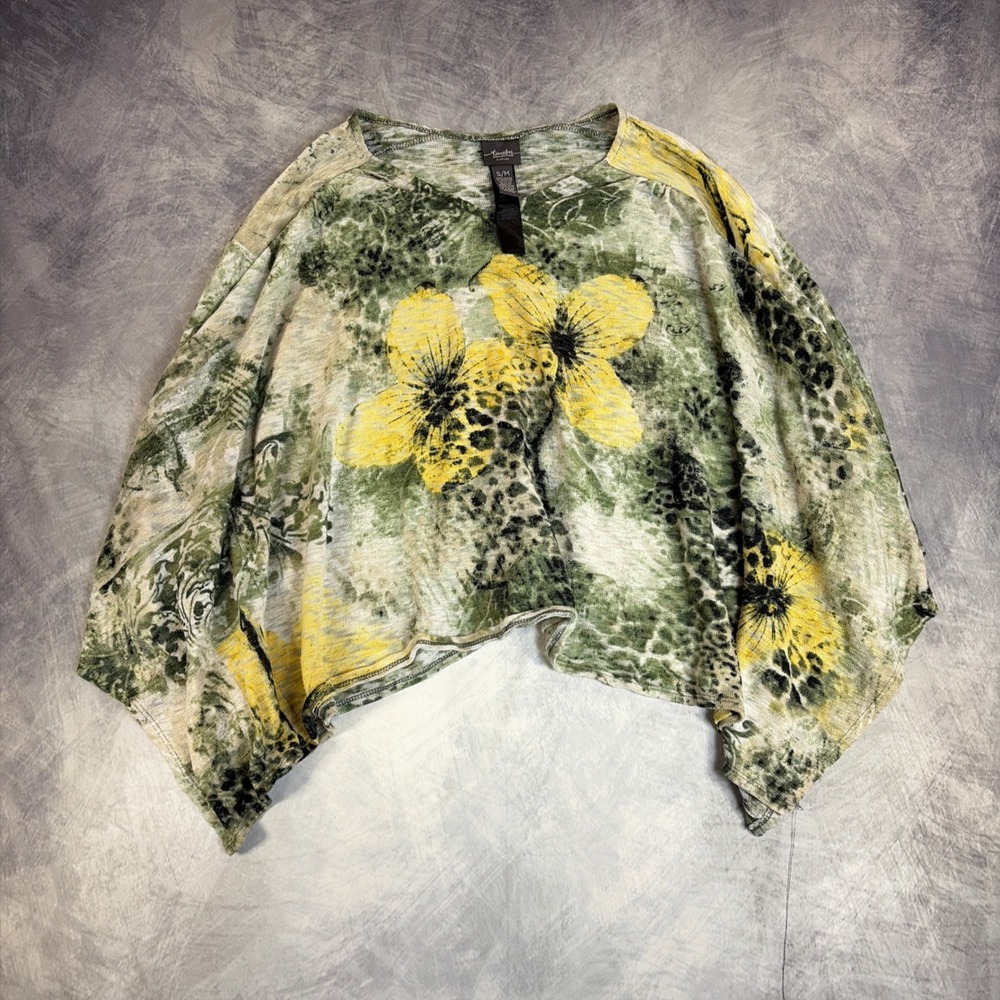 Chicos Travelers Collection Floral Poncho Top S/M Green Yellow Kimono Made USA